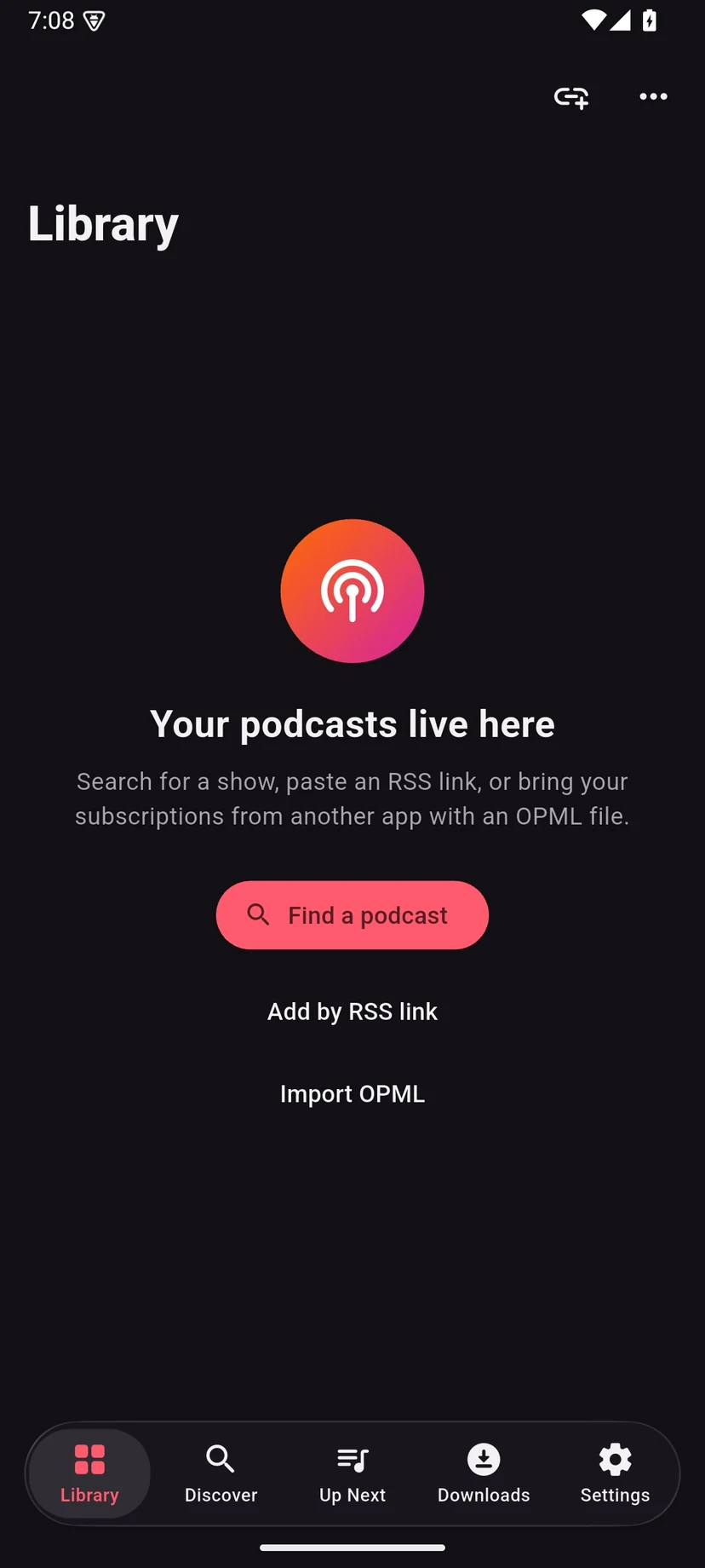 The empty LabCast+ Library on Android offering Find a podcast, Add by RSS link and Import OPML