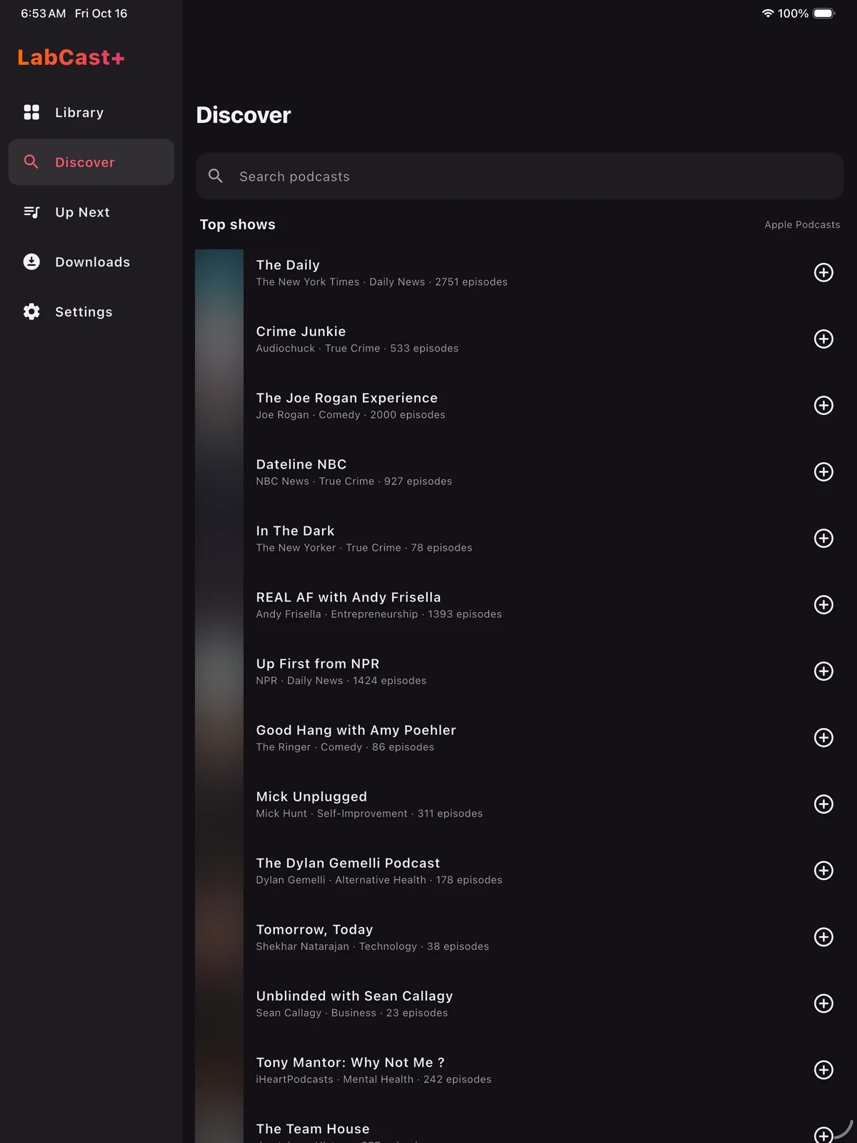LabCast+ on iPad: Discover with the top shows from the Apple Podcasts directory and a sidebar for Library, Up Next, Downloads and Settings