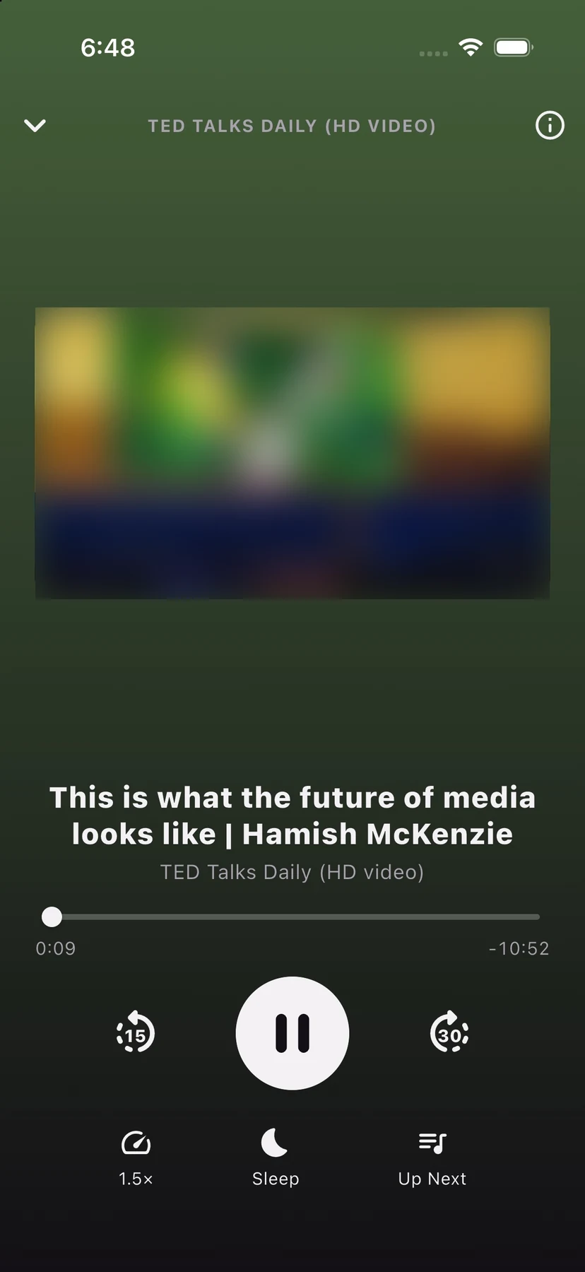 A TED Talks Daily video episode playing on iPhone, with the video above the title, skip buttons, speed, sleep timer and Up Next